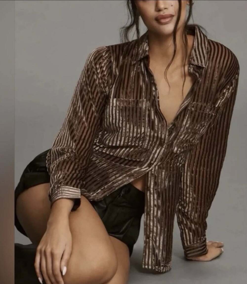 Pilcro Anthropologie Velvet Burnout Stripe Button Down Shirt Brown S Luxe Party